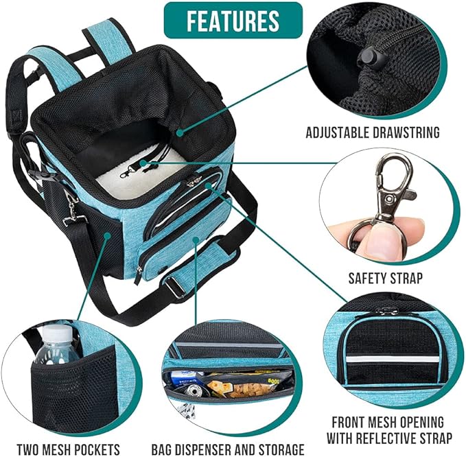 PetAmi Dog Bike Basket, Soft-sided Ventilated Dog Bike Carrier Backpack, Dog Pet Bicycle Basket for Bike Handlebar, Small Medium Puppy Cat Kitten Car Booster Seat with Safety Strap (Teal Blue)