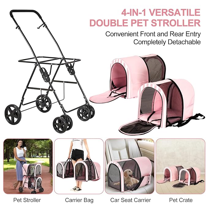 Double Pet Stroller for Dogs and Cats with 2 Detachable Carrier 4 Wheels,
