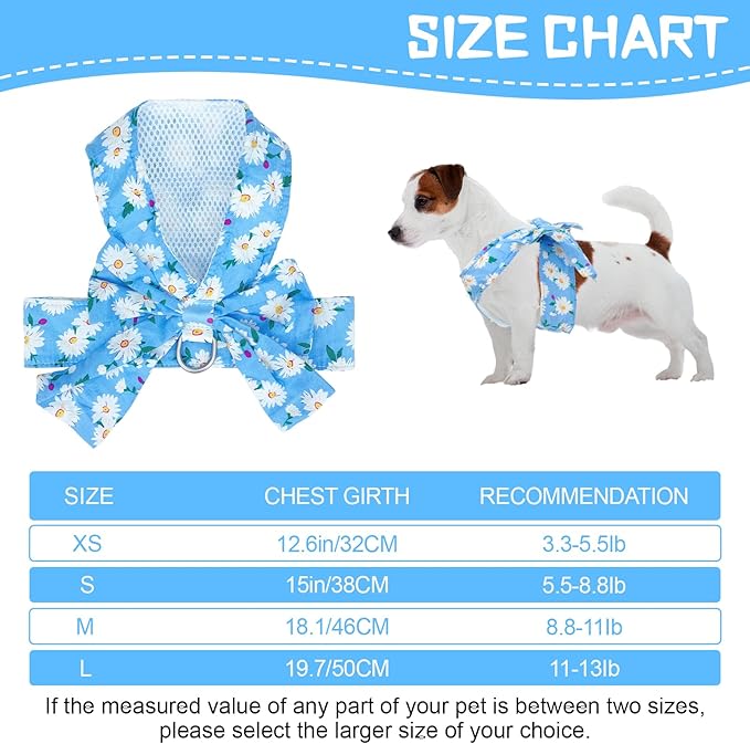 Dog Harness Vest Set for Small Girl Dogs with D-Ring Soft Comfortable Mesh Dog Harness Vest Pet Daisy Floral Bow Tie for Small Medium Large Dogs (Blue, S)