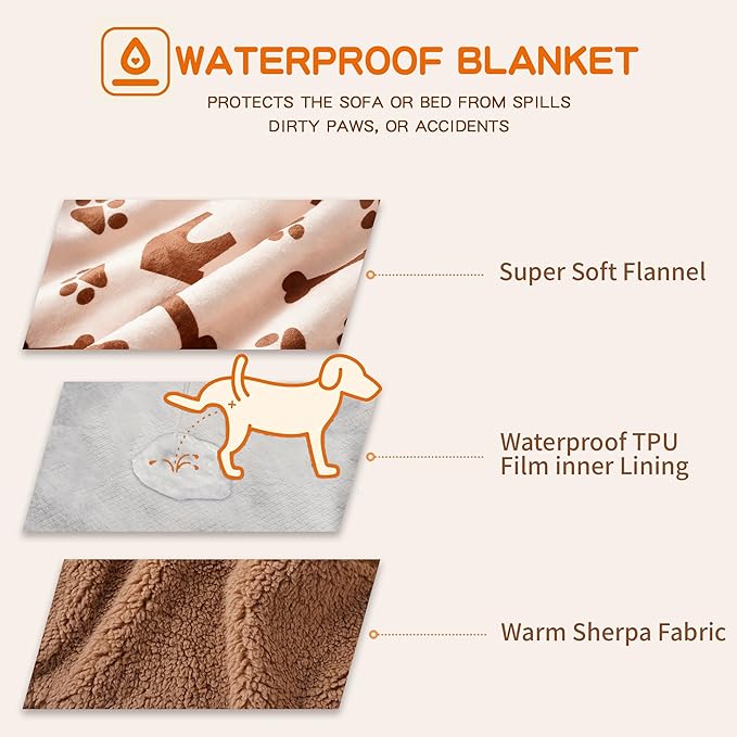 Waterproof Dog Blankets Pet Blanket 50"x60", Soft Fluffy Sofa Car Bed Protector, Reversible Sherpa Fleece Dog Blanket for Large Dogs (Beige-House)