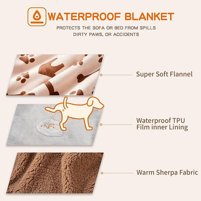 Waterproof Dog Blankets Pet Blanket 50"x60", Soft Fluffy Sofa Car Bed Protector, Reversible Sherpa Fleece Dog Blanket for Large Dogs (Beige-House)