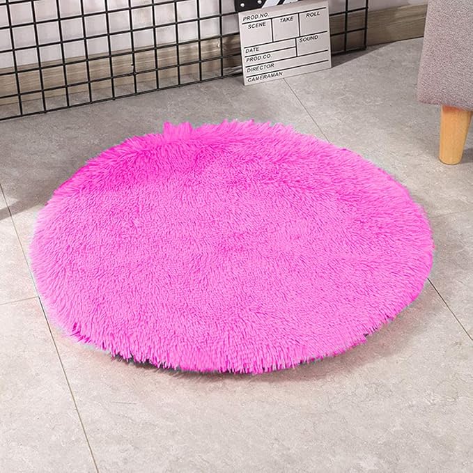 31 Inch Plush Dog Bed Mat Warm Fluffy Round Puppy Crate Pad with Anti-Slip Waterproof Bottom Soft Comfy Pet Kennel Mat for Small and Medium Dogs Sleeping(Rose Red)