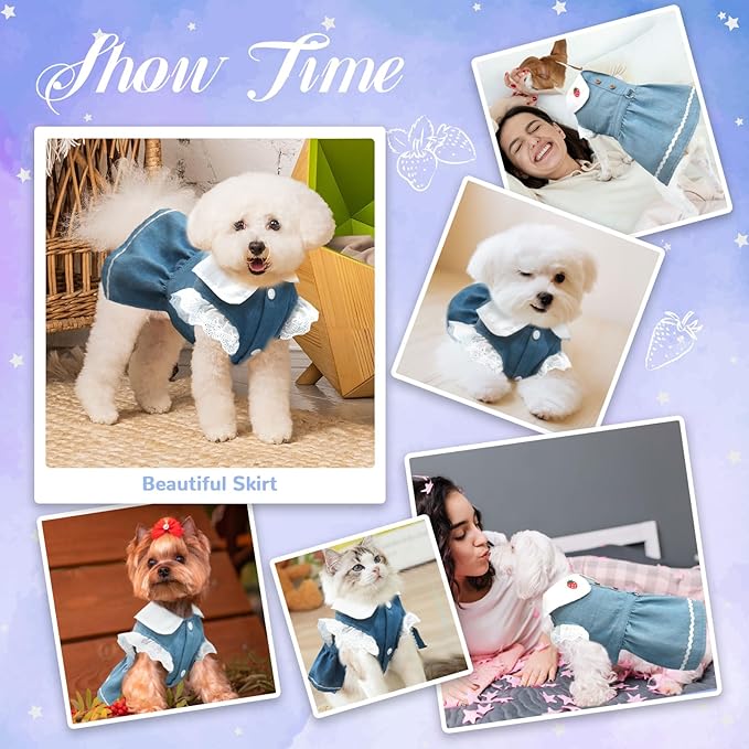 Denim Dog Dress for Small Dogs Cats Cute Girl Dog Clothes Cute Strawberry Female Pet Dresses Spring Summer Pet Outfits for Chihuahua Yorkie Shih Tzu(Dark Blue,Medium)