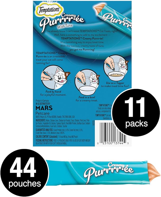 Temptations Creamy Puree Squeezable Lickable Wet Cat Treats with Tuna, 0.42 oz. Tubes, 4 Count (Pack of 11) - Total 44 Count