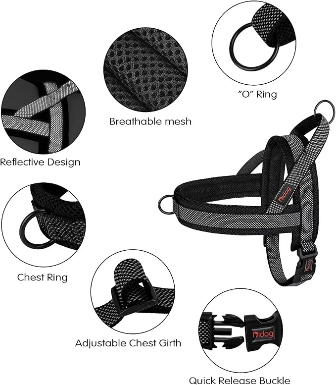 Didog No Pull Dog Harness with Breathable Mesh Padded, Full Reflective & Quick Fit Adjustable Vest Harness, Easy for Training Walking for Small & Medium and Large Dogs (Black, L)