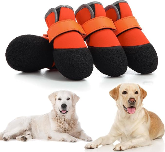Dog Shoes, Outdoor Dog Boots Non-Slip Waterproof Dog Booties for Medium to Large Dogs 4Pcs for Winter Snowy Day, Summer Hot Pavement with Rugged Sole Orange