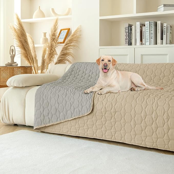 Waterproof Pet Blankets Dog Bed Cover for Pets Reusable Furniture Protector (Beige+Grey, 52"x82")