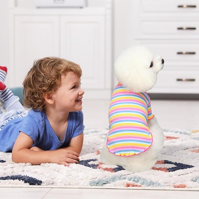 Small Medium Dog Clothes Rainbow Striped Dog Shirts Stretchable Long Sleeve Cat T-Shirt Pet Outfits for Chihuahua Yorkie Teddy (Pink Edge