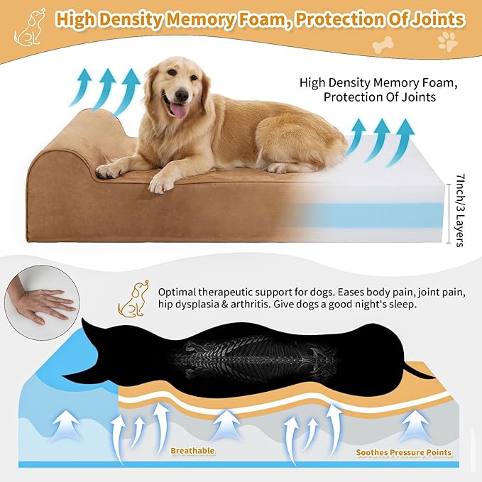 7 inch Orthopedic Dog Bed for Large Dogs - Microsuede Cover/Waterproof Inner Case - with 4 inch Headrest Memory Foam Dog Bed (Large, Khaki)