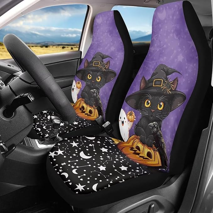 UNICEU Car Seat Covers Halloween Cute Cat Set 2Pcs Universal