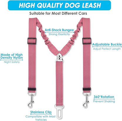 SlowTon Dog Seat Belt, Double Dog Seatbelt Adjustable Vehicle Safety Leash with Elastic Bungee Buffer, Reflective No Tangle Y Shape Two Dog Harness Seat Belt Splitter for Pets Car Trip Travel(Pink, S)