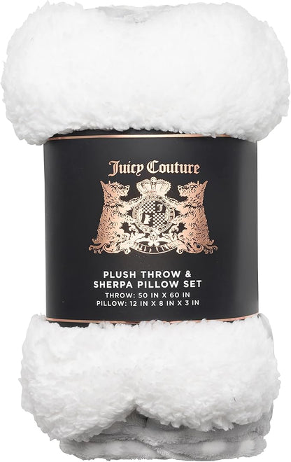 Juicy Couture Grey Leopard with Paws Dog Blanket with Sherpa Bone Shaped Pillow – Plush Puppy Blanket Throw