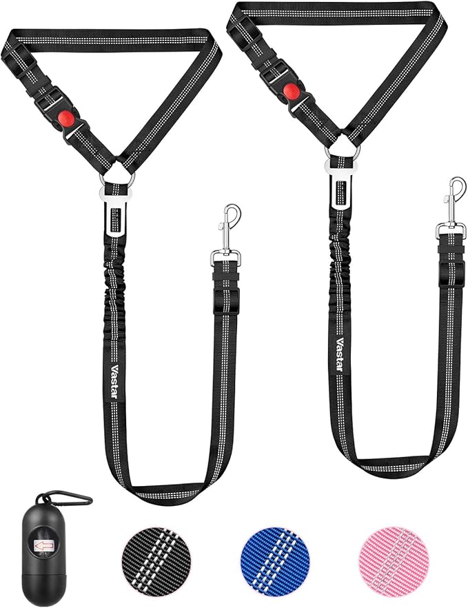 Vastar 2 Pack Dog Seat Belt for Car, 3-in-1 Dog Car Seatbelt, Adjustable Pet Seat Belt, Safety Headrest Restraint Dog Car Belt with Reflective Elastic Bungee, Poop Bag Holder