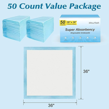 50 Count 36” x 36” Super Absorbency Disposable Underpads, Leakproof Quick Drying Disposable Pads for Baby, Puppy & Adults, Bed Pads Disposable Adults, Incontinence Pads, Dog Pee Pads