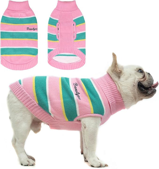 BEAUTYZOO Small Dog Sweater- Striped Pet Sweaters for Spring Summer Dog Clothes, Turtleneck Pullover Knitwear for Small Medium Large Dogs, Warm Coat Easter Outfit for Chihuahua Puppy Cat Boys Girls