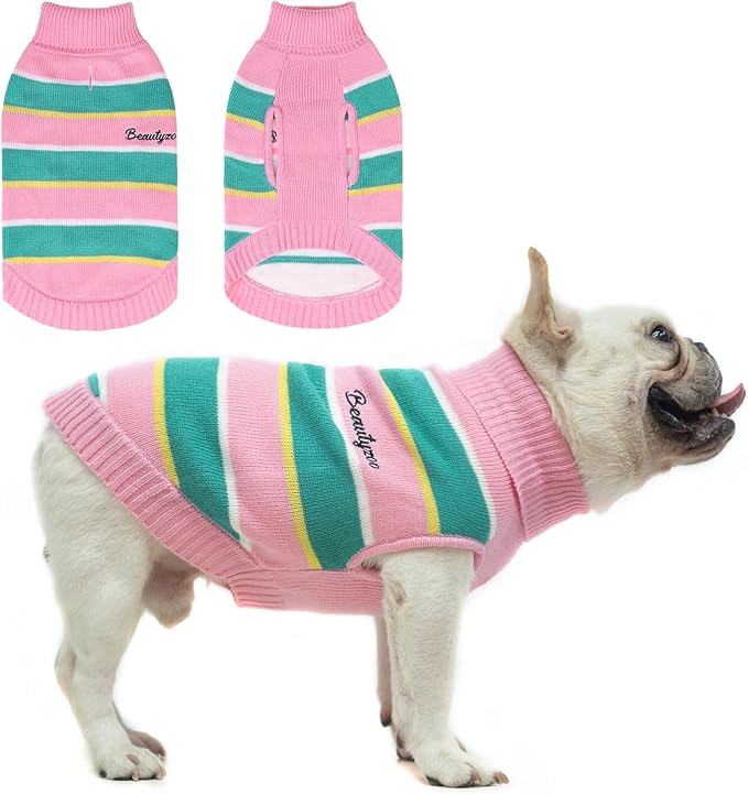 BEAUTYZOO Small Dog Sweater- Striped Pet Sweaters for Spring Summer Dog Clothes, Turtleneck Pullover Knitwear for Small Medium Large Dogs, Warm Coat Easter Outfit for Chihuahua Puppy Cat Boys Girls