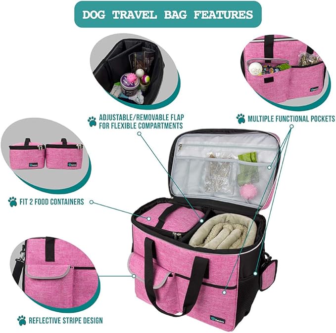 PetAmi Dog Travel Bag, Travel Pet Bag Organizer, Dog Food Travel Bag with Food Container and Bowls, Dog Travel Supplies Gift Accessories for Weekend Camping, Dog Cat Diaper Bag (Pink, Large)