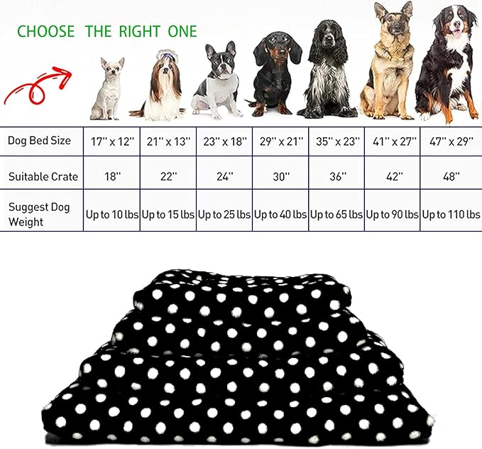 36 inch Dog Crate pad fits 40-70 lbs Dogs, fits 36 x 23 Dog Crate Bed, Washable, Anti-Slip, Short Plush, Black with White dots,