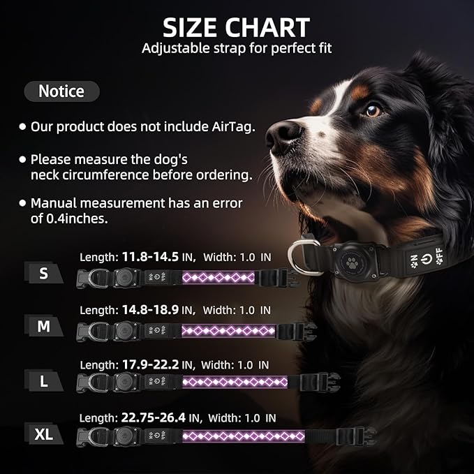 LED AirTag Dog Collar IP67 Waterproof 1,600 Feet