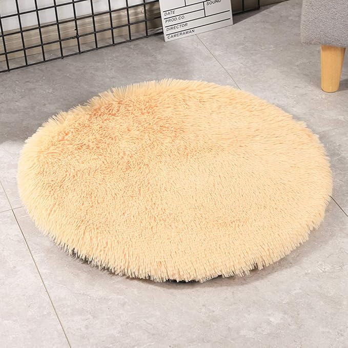 31 Inch Plush Dog Bed Mat Warm Fluffy Round Puppy Crate Pad with Anti-Slip Waterproof Bottom Soft Comfy Pet Kennel Mat for Small and Medium Dogs Sleeping(Beige)