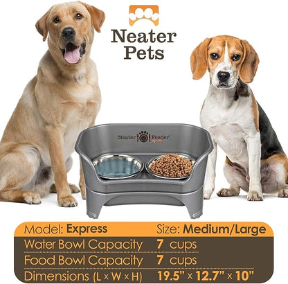 Neater Feeder - Express Model - Mess-Proof Dog Bowls (Medium/Large, Gunmetal Grey) – Made in USA – Elevated, No Spill, Non-Tip, Non-Slip, Raised Stainless Steel Food & Water Pet Bowls