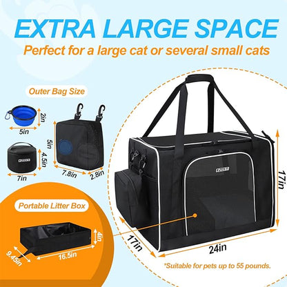 Petskd 24"x17"x17" Pet Carrier for Large Cats or Medium Dogs - Car Travel Carrier with Litter Box, Bowl, and Locking Zipper