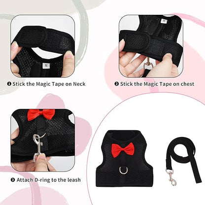 AIITLE Rabbit Harness and Leash Set with Cute Bow, Soft Breathable Mesh Vest Harness for Rabbits Kitten Ferret Puppy Small Pets Walking Supplies Black L