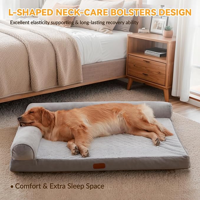 X-Large Memory Foam L Shaped Dog Bed,Supportive Orthopedic Pet Couch Bed Waterproof Non-Slip Bottom Dog Bed with Removable Washable Cover- Sleep Surface 35"x24"