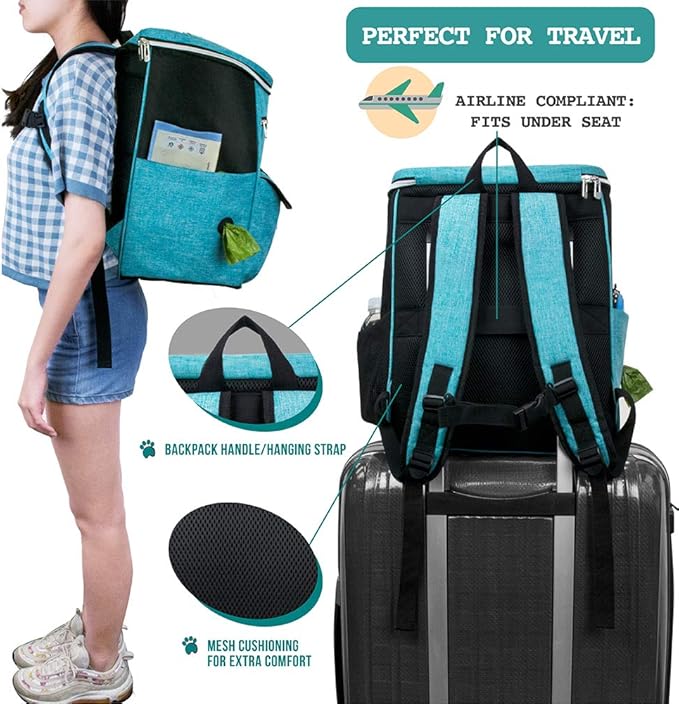 PetAmi Dog Travel Bag Backpack, Airline Approved Dog Bags for Traveling, Puppy Diaper Bag Supplies, Pet Camping Essentials Hiking Accessories Dog Mom Gift, Food Container, Collapsible Bowls, Teal Blue