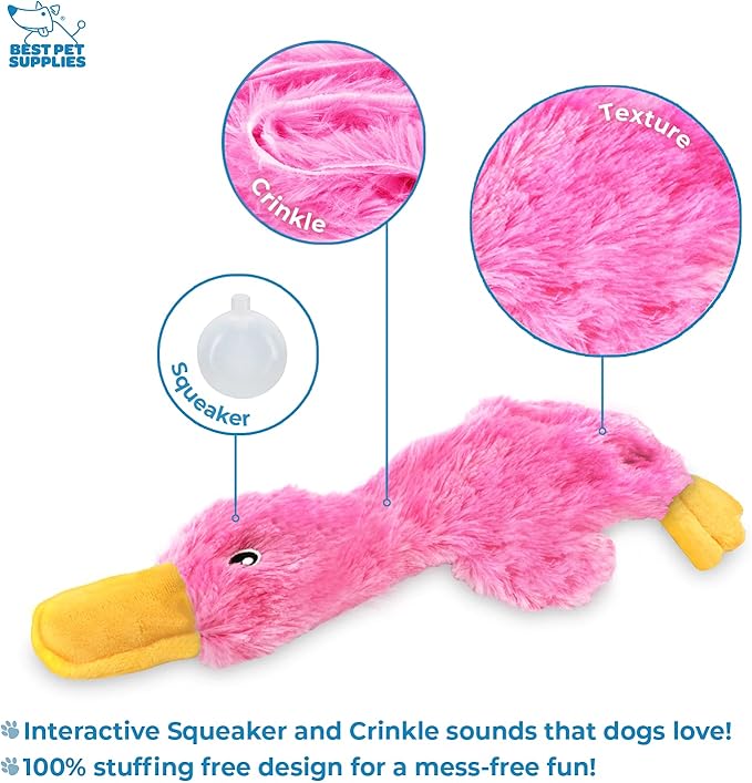 Best Pet Supplies Crinkle Dog Toy for Small, Medium, and Large Breeds, Cute No Stuffing Duck with Soft Squeaker, Fun for Indoor Puppies and Senior Pups, Plush No Mess Chew and Play - Light Pink