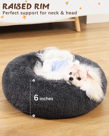KSIIA Calming Dog Bed Anti-Anxiety Round Donut Dog Beds for Small Dogs Cat Beds for Indoor Cats Fluffy Comfort Small Dog Bed with Ultra-Soft Plush Washable Dog Bed with Non-Skid Bottom 20", Gray