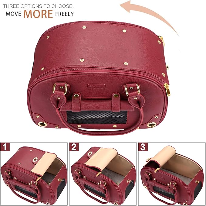 PetsHome Dog Carrier Purse, Pet Carrier, Cat Carrier, Foldable Waterproof Premium Leather Pet Travel Portable Bag Carrier for Cat and Small Dog Home& Outdoor Wine Red