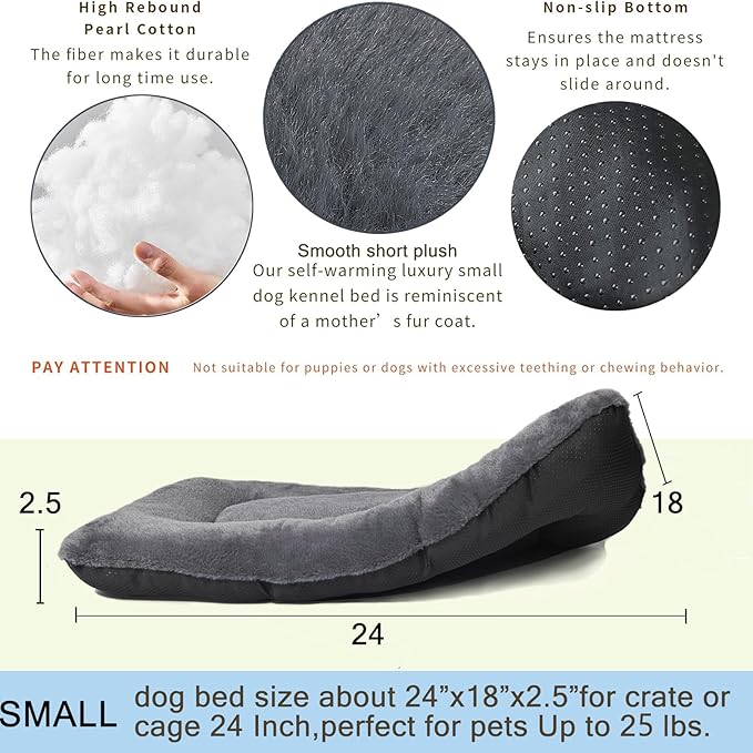 24 Inch Dog Crate Bed Washable Extra Soft Crate Pads for Dog Cages 24x18 Inch With Zipper Comfy And Fluffy Crate Beds for Small Dogs Pillow Mat With Anti-Slip Bottom Helps Ease Pet Anxiety, Dark Grey