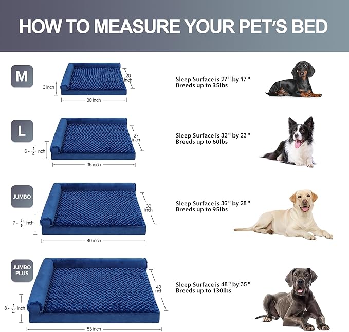 Orthopedic Dog Bed Deluxe Plush L-Shaped Dog Couch Beds with Waterproof Lining Bolster Dog Sleeping Sofa with Removable Washable Cover & Nonskid Bottom Pet Bed for Medium Large Jumbo Dogs 36 x 27 Inch