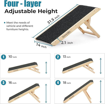 18" Tall Adjustable Pet Ramp - Small Dog Use Only - Wooden Folding Portable Dog & Cat Ramp Perfect for Couch or Bed with Non Slip Carpet Surface - 4 Levels Height Adjustable Up to 90Lbs