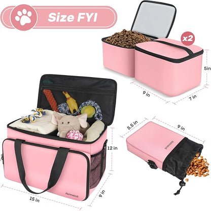 6 Set Dog Travel Bag, Large Pet Travel Kit for Supplies, Includes 2 Food Containers, 1 Travel Organizer for Dogs, 2 Collapsible Bowls, 1 Treat Pouch, Pink Dog Mom Gifts for Women