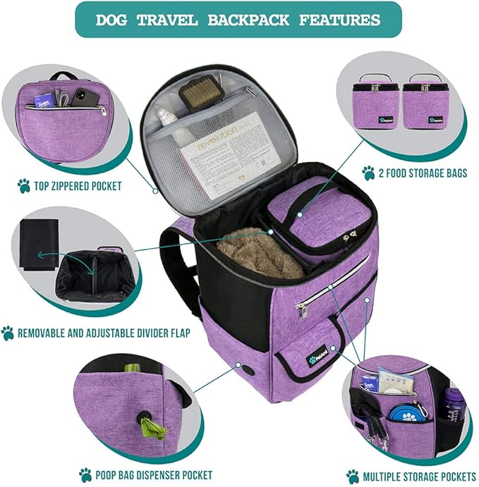 PetAmi Dog Travel Bag Backpack, Airline Approved Dog Bags for Traveling, Puppy Diaper Bag Supplies, Pet Camping Essentials Hiking Accessories Dog Mom Gift, Food Container, Collapsible Bowls, Purple