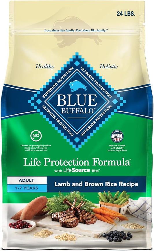 BLUE BUFFALO Life Protection Formula Adult Dry Dog Food, Helps Build and Maintain Strong Muscles, Made with Natural Ingredients, Lamb & Brown Rice Recipe, 24-lb. Bag