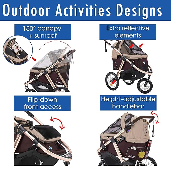 HPZ Pet Rover Run Performance Jogging Sports Stroller with Comfort Rubber Wheels/Zipper-Less Entry/1-Hand Quick Fold/Aluminum Frame for Small/Medium Dogs