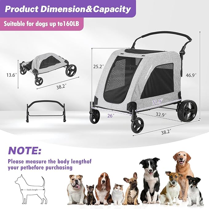 EchoSmile XL Extra Large Dog Stroller 4 Wheel 2 Medium 160 lbs,Gray