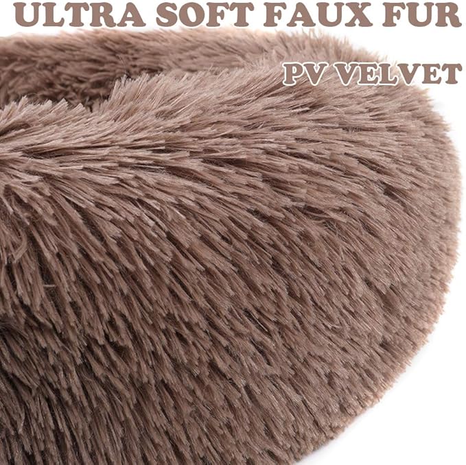 otoez Kitten Puppy Bed Small Round Dog Cat Beds Anti Anxiety Plush Pet Calming Donut Bed with Non-Slip Waterproof Bottom (19.7", Khaki)