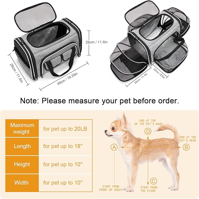 Estarer Soft Sided Pet Carrier Airline Approved, 4 Sides Expandable Collapsible Cat Carrier with Pockets & Removable Fleece Pad, Travel Carrier Bag for Cat Dog & Small Animals (Grey)