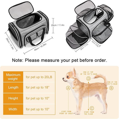 Estarer Soft Sided Pet Carrier Airline Approved, 4 Sides Expandable Collapsible Cat Carrier with Pockets & Removable Fleece Pad, Travel Carrier Bag for Cat Dog & Small Animals (Grey)