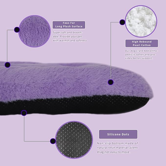 18x24 Dog Crate Bed Washable,Dog Crate Bed 24x18 Purple Fluffy Plush Calming Anti Anxiety Pet Bed for 25lb Dog,Small Dog Bed for Crate 24 Inch Luxury Faux Fur Soft Cozy Sleep with Anti-Slip Bottom