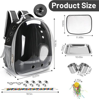 Bird Travel Backpack Carrier, Bird Cage for Small Medium Size Bird Parakeet Budgies Cockatiel, Space Capsule Clear Bubble Window with Stainless Steel Tray Food Bolw Standing Perch (Black)