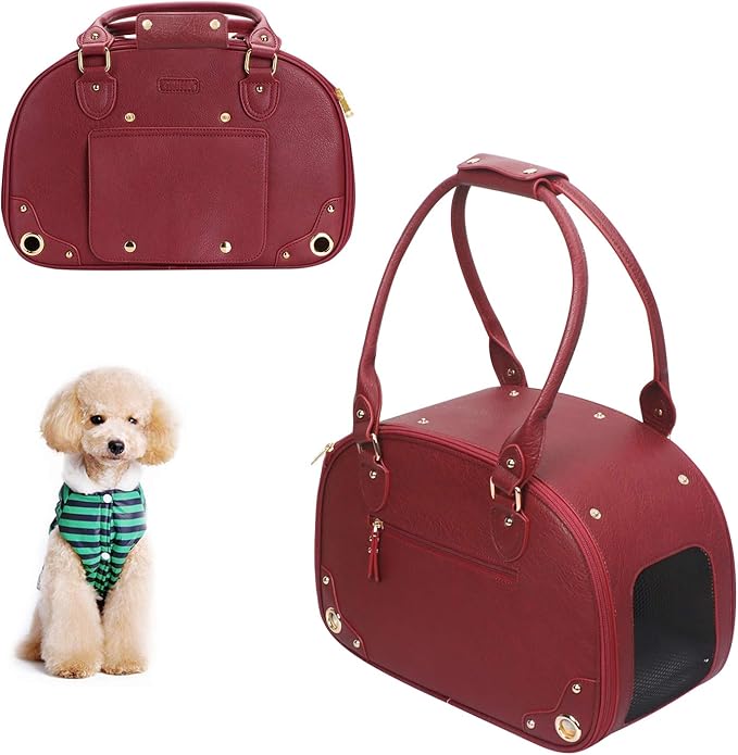 PetsHome Dog Carrier Purse, Pet Carrier, Cat Carrier, Foldable Waterproof Premium Leather Pet Travel Portable Bag Carrier for Cat and Small Dog Home& Outdoor Wine Red