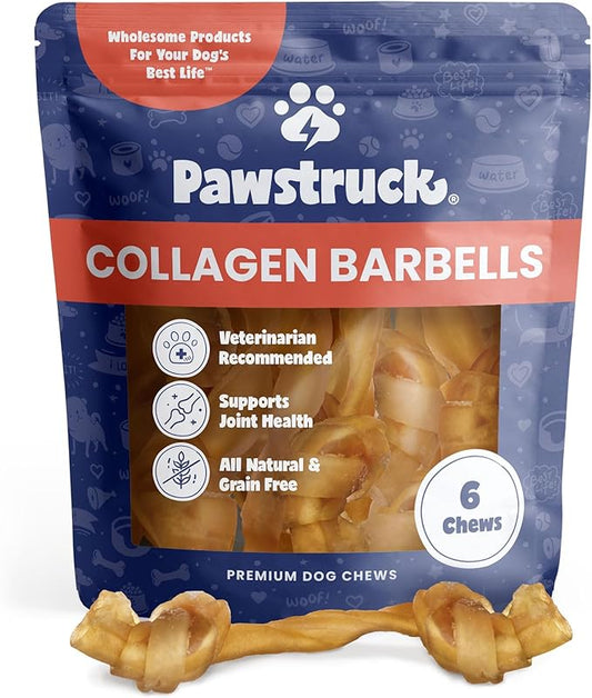 Pawstruck Natural Large Collagen Stick Barbells for Dogs - Vet-Approved Long Lasting Chew Alternative to Traditional Rawhide & Bully Sticks w/Glucosamine & Chondroitin - 6 Pack - Packaging May Vary