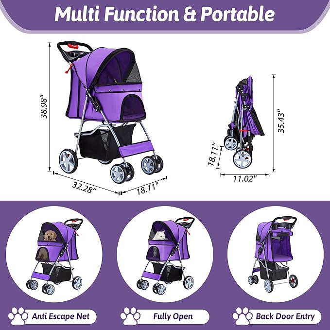 Pet Stroller 4 Wheels Dog Cat Stroller for Medium Small Dogs Cats, Folding Cat Jogger Stroller with Storage Basket & Breathable Mesh, Easy to Walk Travel Carrier, Purple