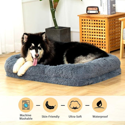 2 in 1 Calming Dog Beds for X-Large Dogs, Dual Layer Orthopedic Egg Crate Foam & Memory Foam Faux Fur Shag Pet Mattress Warming Rectangle Cuddle Bed Comfy Anti Anxiety, Washable Cover Anti-Slip