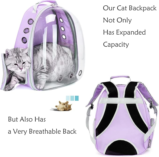 Cat Backpack Carrier Expandable Ventilate Transparent Pet Dog Backpack for Large Cats Hiking, Travel, Outdoor, Airline-Approved Space Capsule Backpack (Purple)